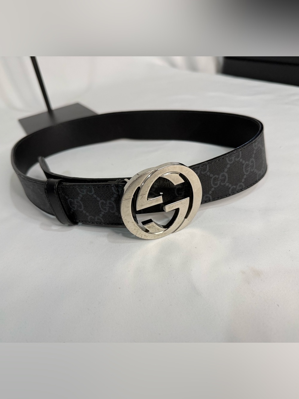 Gucci Black GG Monogram Belt with Silver Double G Buckle size 32
